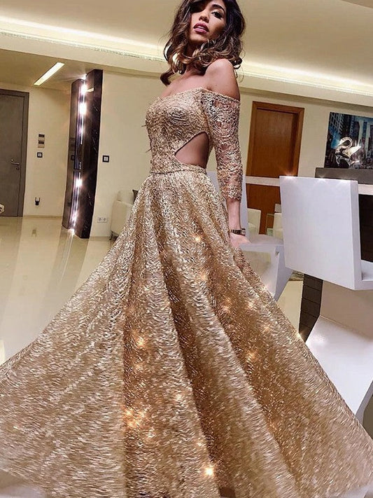 A-Line/Princess Off-the-Shoulder Long Sleeves Sequins Ruffles Floor-Length Prom Dress