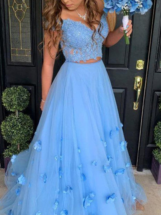 A-Line/Princess Tulle Off-the-Shoulder Applique Sleeveless Floor-Length Prom Dress
