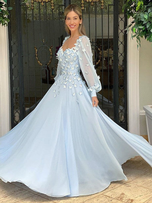 A-Line/Princess Sweetheart Chiffon Long Sleeves Applique Floor-Length Prom Dress
