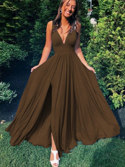 A-Line/Princess Sleeveless Jersey V-neck Ruffles Floor-Length Prom Dress