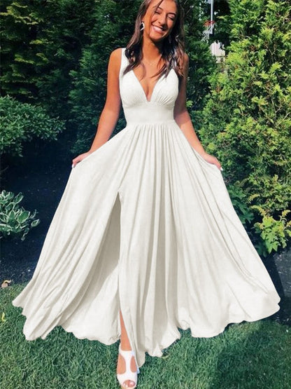 A-Line/Princess Sleeveless Jersey V-neck Ruffles Floor-Length Prom Dress