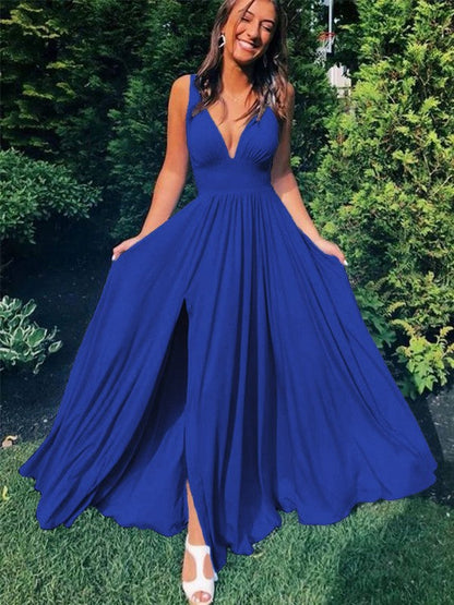 A-Line/Princess Sleeveless Jersey V-neck Ruffles Floor-Length Prom Dress