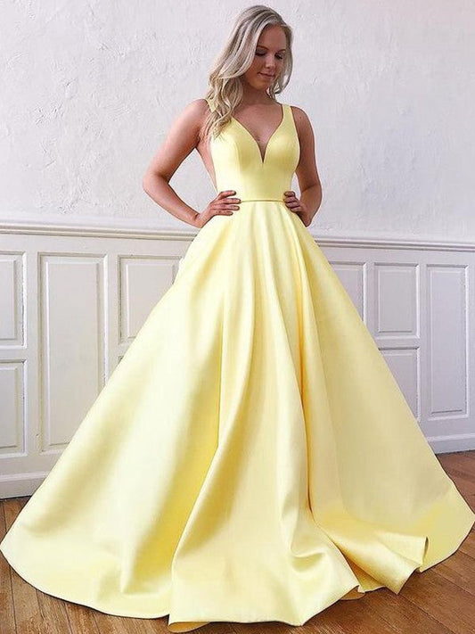 A-Line/Princess Satin Sleeveless Ruffles V-neck Sweep/Brush Train Prom Dress