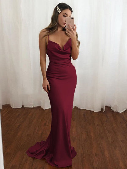 Sheath/Column NS Elastic Woven Satin Spaghetti Straps Ruched Sleeveless Sweep/Brush Train Bridesmaid Dresses