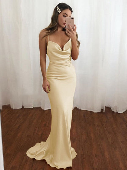 Sheath/Column NS Elastic Woven Satin Spaghetti Straps Ruched Sleeveless Sweep/Brush Train Bridesmaid Dresses