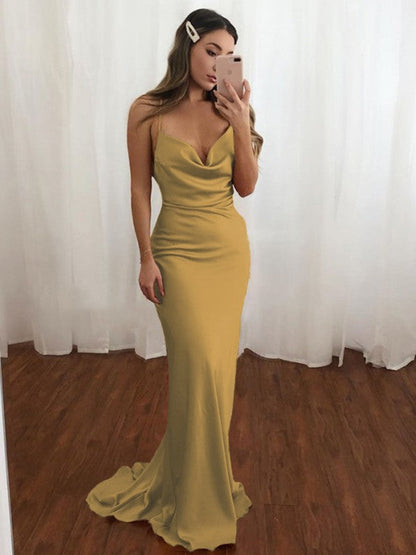 Sheath/Column NS Elastic Woven Satin Spaghetti Straps Ruched Sleeveless Sweep/Brush Train Bridesmaid Dresses
