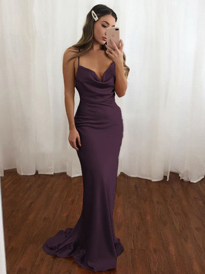 Sheath/Column NS Elastic Woven Satin Spaghetti Straps Ruched Sleeveless Sweep/Brush Train Bridesmaid Dresses
