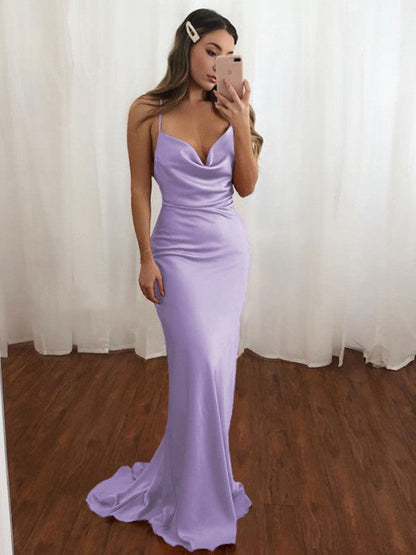 Sheath/Column NS Elastic Woven Satin Spaghetti Straps Ruched Sleeveless Sweep/Brush Train Bridesmaid Dresses