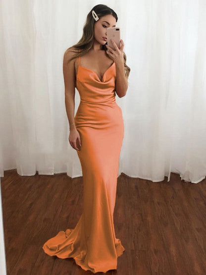 Sheath/Column NS Elastic Woven Satin Spaghetti Straps Ruched Sleeveless Sweep/Brush Train Bridesmaid Dresses