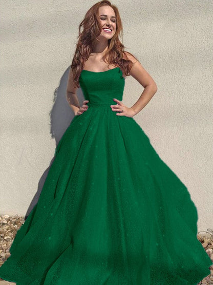 A-Line/Princess Square Tulle Sleeveless Ruffles Floor-Length Prom Dress