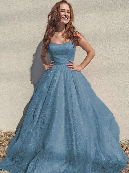 A-Line/Princess Square Tulle Sleeveless Ruffles Floor-Length Prom Dress