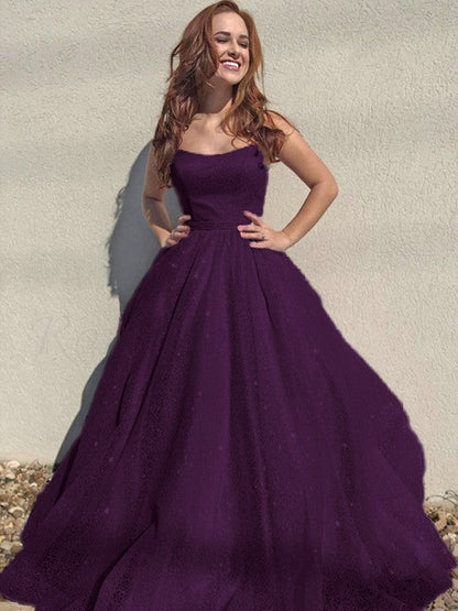 A-Line/Princess Square Tulle Sleeveless Ruffles Floor-Length Prom Dress