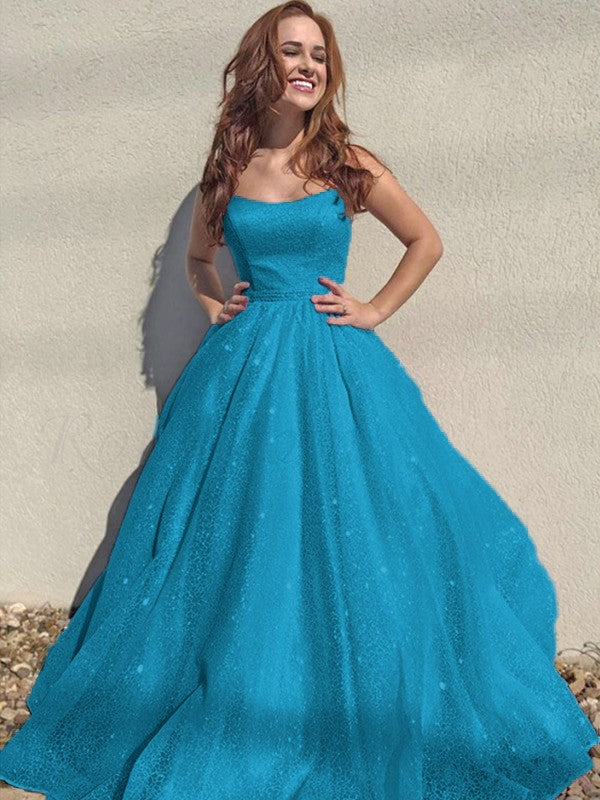 A-Line/Princess Square Tulle Sleeveless Ruffles Floor-Length Prom Dress