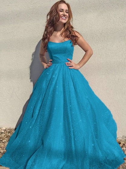 A-Line/Princess Square Tulle Sleeveless Ruffles Floor-Length Prom Dress