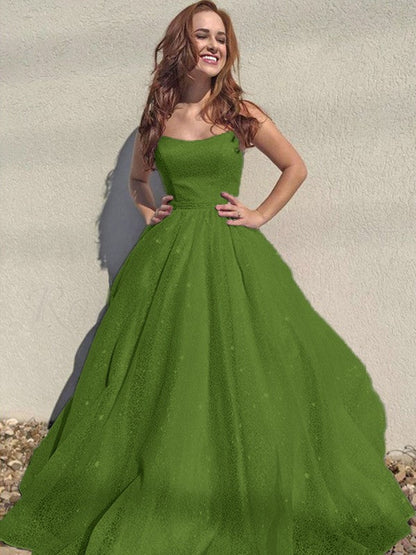 A-Line/Princess Square Tulle Sleeveless Ruffles Floor-Length Prom Dress