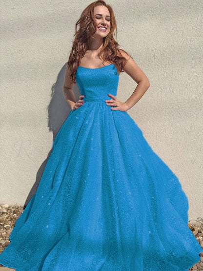 A-Line/Princess Square Tulle Sleeveless Ruffles Floor-Length Prom Dress