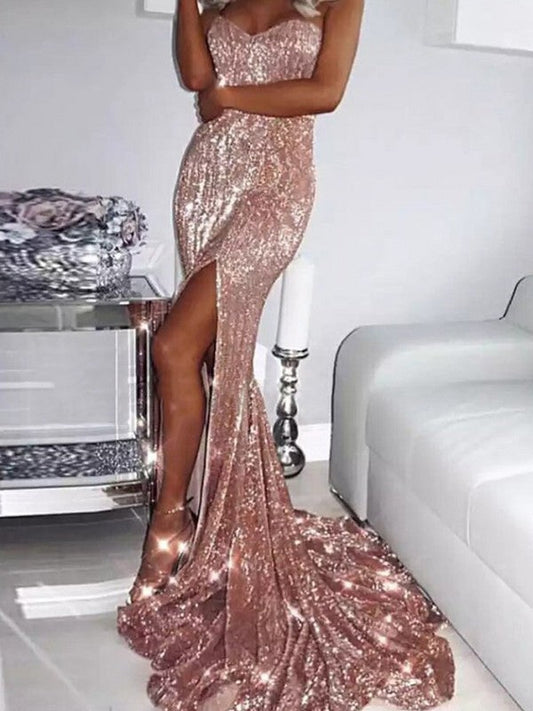 Sheath/Column Sequins Sweetheart Sleeveless Sequin Sweep/Brush Train Prom Dress
