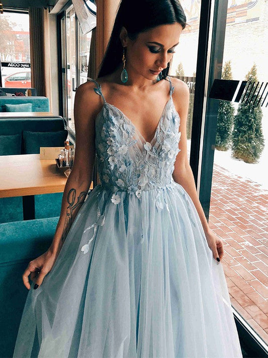 A-Line/Princess Tulle Applique V-neck Sleeveless Floor-Length Prom Dress