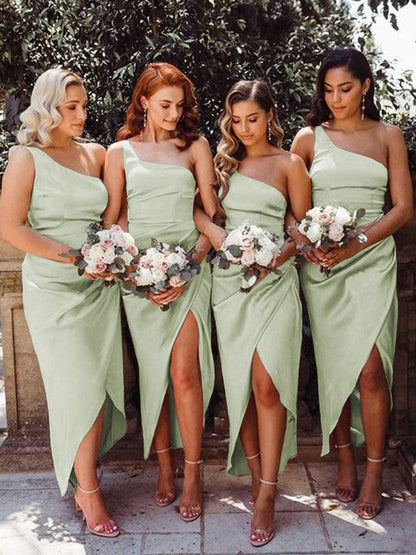 Sheath/Column One-Shoulder Ruched Silk like Satin Sleeveless Ankle-Length Bridesmaid Dresses