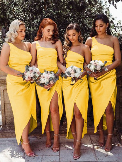 Sheath/Column One-Shoulder Ruched Silk like Satin Sleeveless Ankle-Length Bridesmaid Dresses