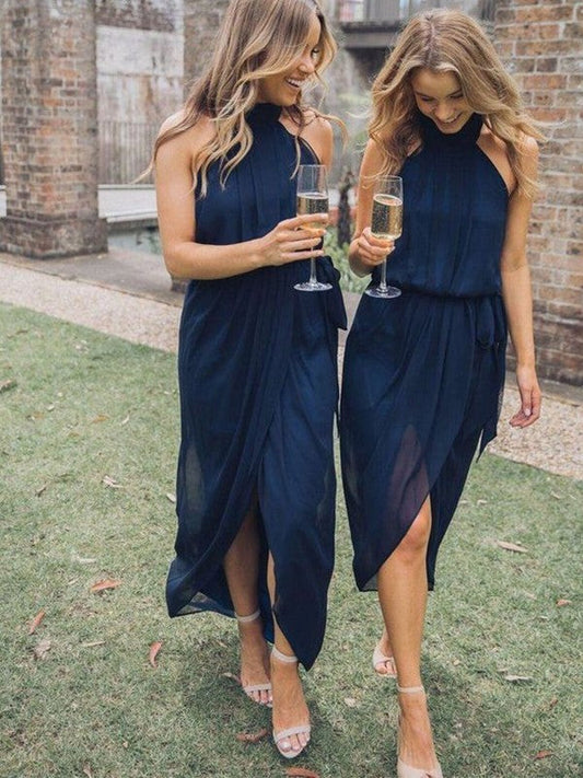 Sheath/Column Tulle Ruffles Halter Sleeveless Ankle-Length Bridesmaid Dresses