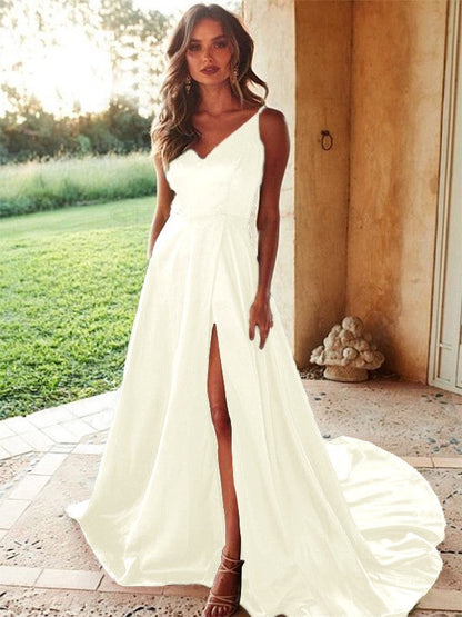 A-Line/Princess V-neck Elastic Woven Satin Sleeveless Ruffles Sweep/Brush Train Prom Dress