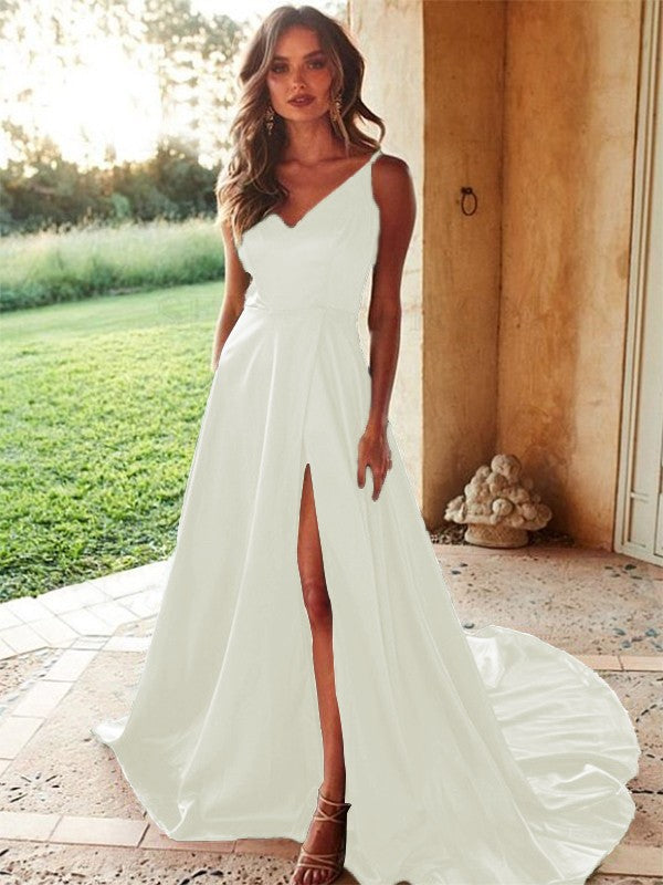 A-Line/Princess V-neck Elastic Woven Satin Sleeveless Ruffles Sweep/Brush Train Prom Dress
