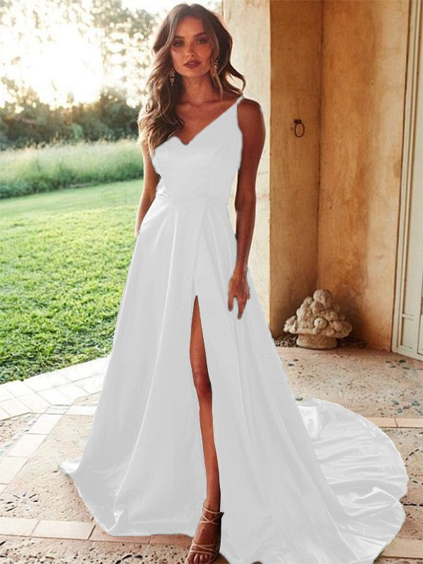 A-Line/Princess V-neck Elastic Woven Satin Sleeveless Ruffles Sweep/Brush Train Prom Dress