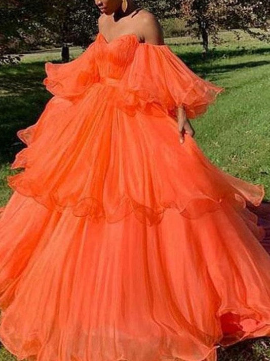 A-Line/Princess Off-the-Shoulder Organza Layers Long Sleeves Sweep/Brush Train Prom Dress