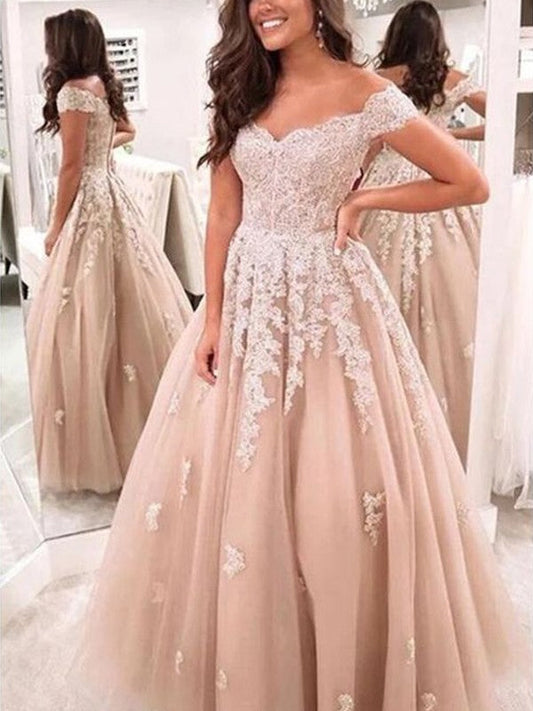 A-Line/Princess Tulle Applique Off-the-Shoulder Sleeveless Floor-Length Prom Dress