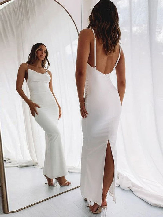 Sheath/Column Spaghetti Straps Stretch Crepe Ruched Sleeveless Floor-Length Prom Dress
