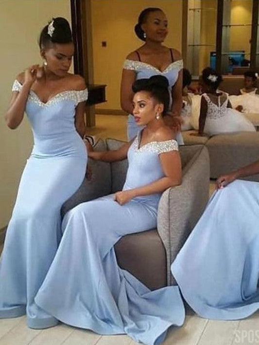 Sheath/Column Stretch Crepe Off-the-Shoulder Beading Sleeveless Sweep/Brush Train Bridesmaid Dresses
