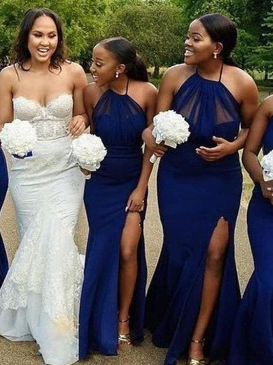 Trumpet/Mermaid Stretch Crepe Ruched Halter Sleeveless Floor-Length Bridesmaid Dresses