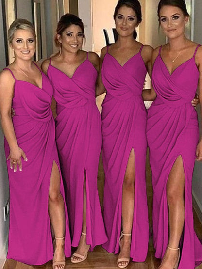 Sheath/Column Silk like Satin Ruched Spaghetti Straps Sleeveless Sweep/Brush Train Bridesmaid Dresses