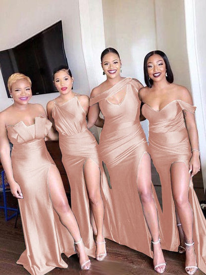 Sheath/Column Off-the-Shoulder Ruched Sleeveless Sweep/Brush Train Bridesmaid Dresses