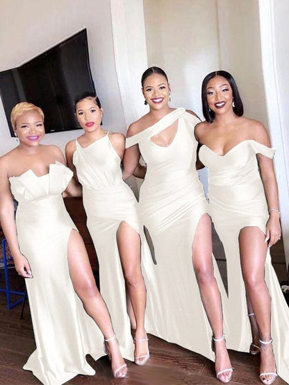 Sheath/Column Off-the-Shoulder Ruched Sleeveless Sweep/Brush Train Bridesmaid Dresses
