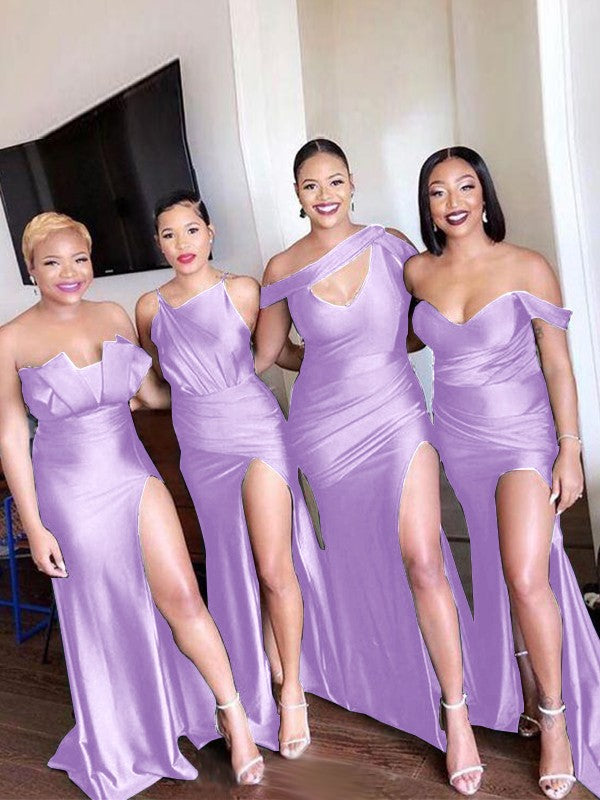 Sheath/Column Off-the-Shoulder Ruched Sleeveless Sweep/Brush Train Bridesmaid Dresses
