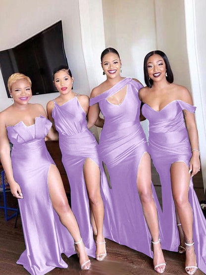 Sheath/Column Off-the-Shoulder Ruched Sleeveless Sweep/Brush Train Bridesmaid Dresses