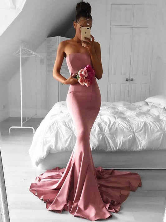 Trumpet/Mermaid Stretch Crepe Ruffles Strapless Sleeveless Sweep/Brush Train Prom Dress