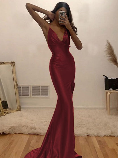Sheath/Column Ruched Halter Sleeveless Silk like Satin Sweep/Brush Train Prom Dress