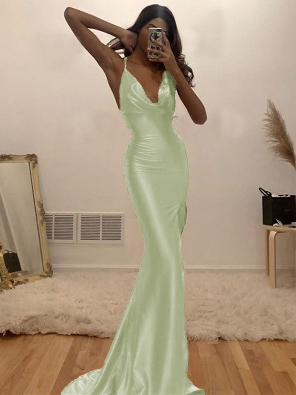 Sheath/Column Ruched Halter Sleeveless Silk like Satin Sweep/Brush Train Prom Dress