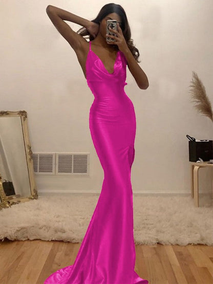 Sheath/Column Ruched Halter Sleeveless Silk like Satin Sweep/Brush Train Prom Dress