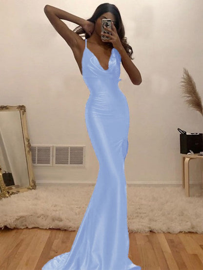 Sheath/Column Ruched Halter Sleeveless Silk like Satin Sweep/Brush Train Prom Dress