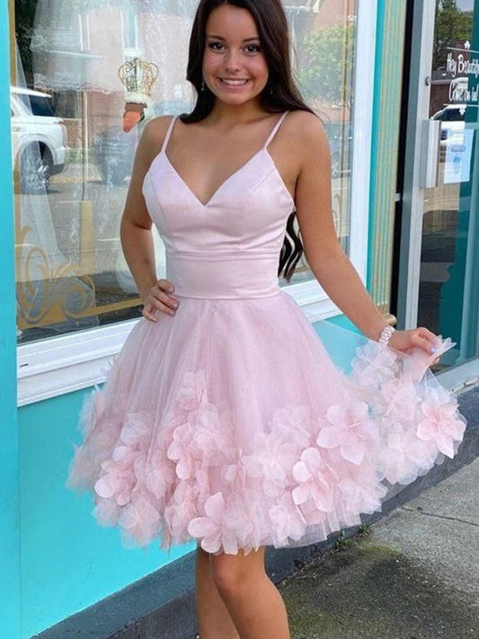A-Line/Princess Tulle Hand-Made Flower V-neck Sleeveless Short/Mini Homecoming Prom Dress