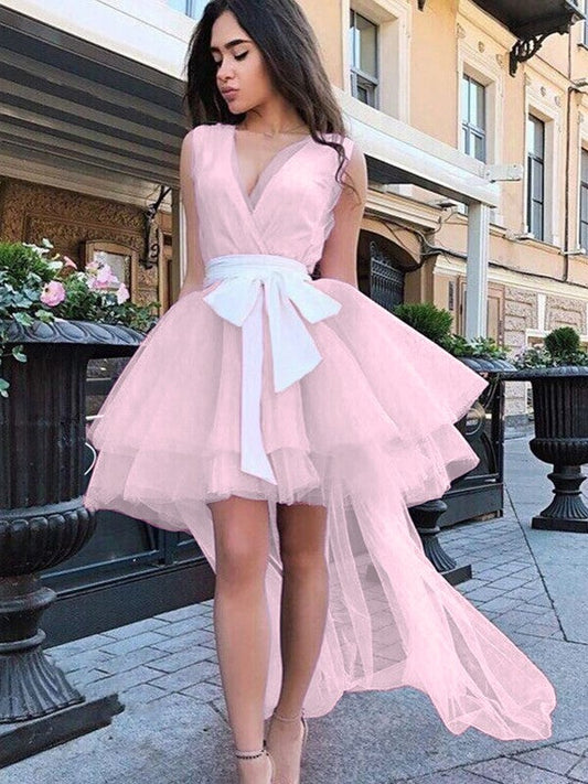 A-Line/Princess Tulle Sash/Ribbon/Belt V-neck Sleeveless Short/Mini Homecoming Dress
