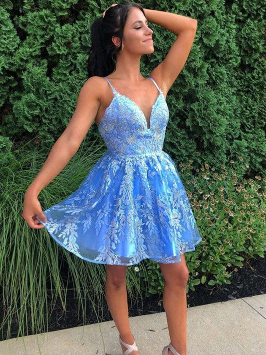 A-Line/Princess Lace Applique V-neck Sleeveless Short/Mini Homecoming Dress