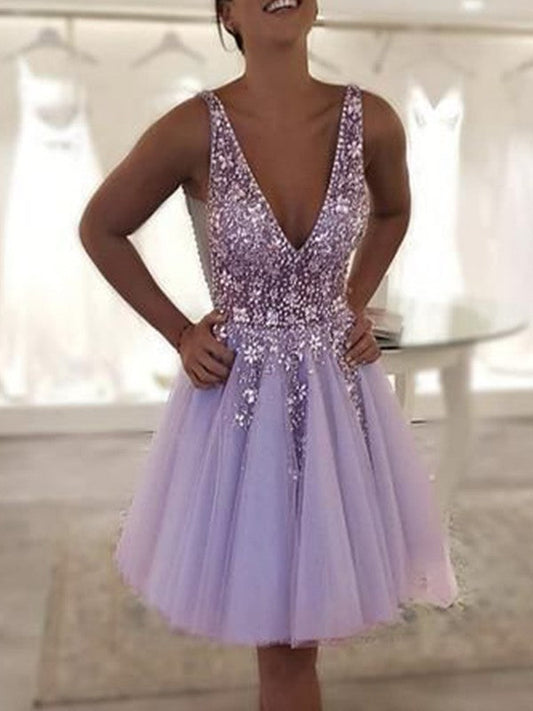 A-Line/Princess Tulle Beading V-neck Sleeveless Short/Mini Homecoming Prom Dress