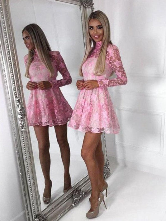 A-Line/Princess Lace Applique High Neck Long Sleeves Short/Mini Homecoming Dress