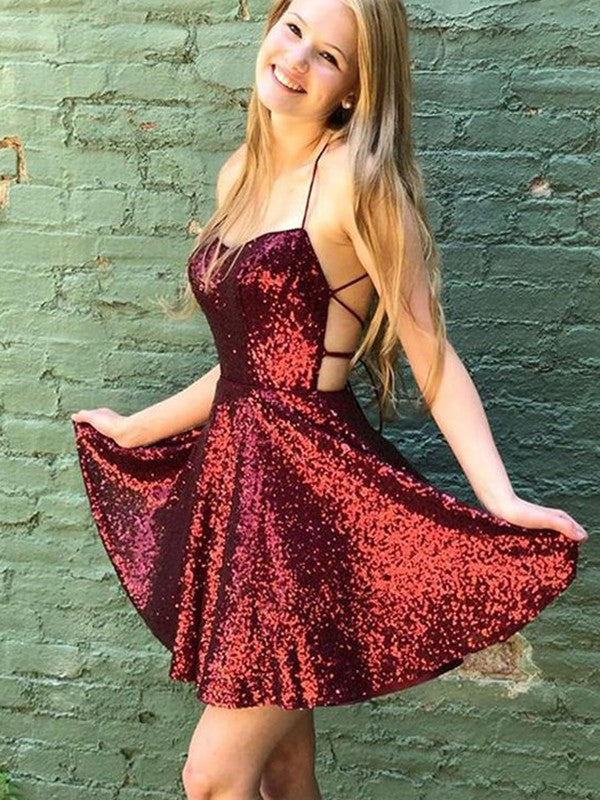 A-Line/Princess Sequins Ruffles Spaghetti Straps Sleeveless Short/Mini Homecoming Dress