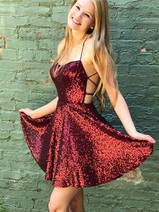 A-Line/Princess Sequins Ruffles Spaghetti Straps Sleeveless Short/Mini Homecoming Dress